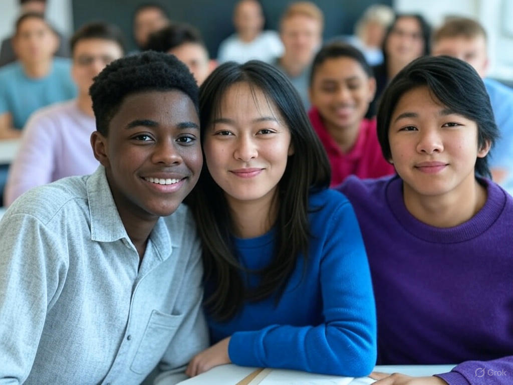 Diverse group of students working together on educational projects